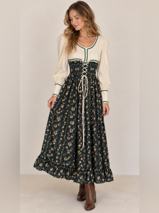 Vintage Dresses & Skirts - Vintage 70s Algo Prairie Maxi Dress ditsy Floral LaceUp Cottagecore corset union